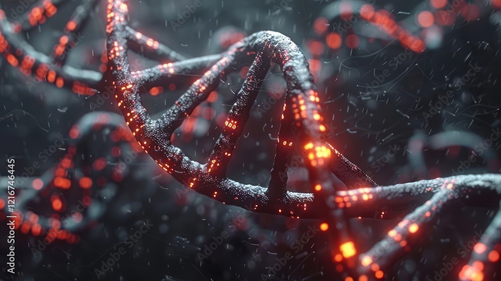 Poster close-up view of a glowing dna double helix structure with digital particles in a dark background