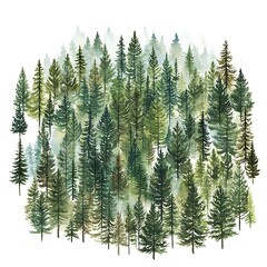 Fototapeta premium Watercolor Painting of a Misty Evergreen Forest.