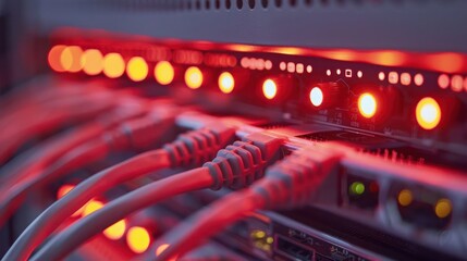 Close-up of illuminated server connections showcasing active network cables in a data center