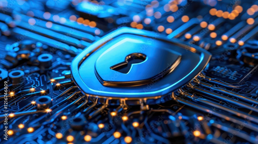 Poster Close-up of a digital security shield on a circuit board with glowing connections and technology