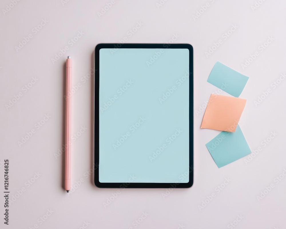 Poster pastel minimalist study flat lay tablet with digital curriculum and sticky notes - enhancing modern 