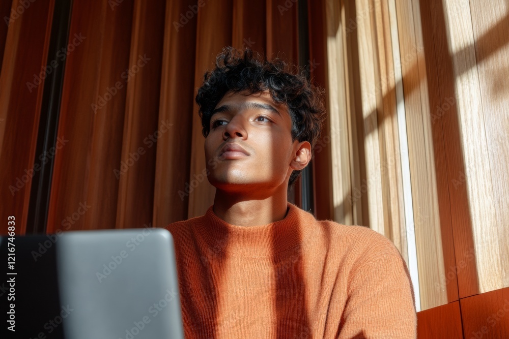 Poster sunlit modern classroom indian male student engages with digital exam results on laptop - enhancing 
