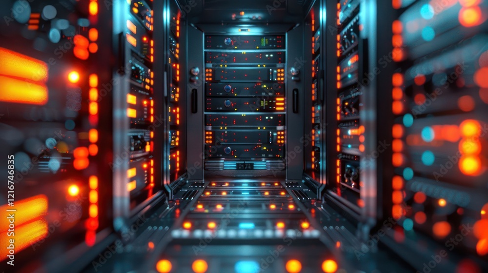 Poster futuristic data center with illuminated servers and cables, showcasing advanced technology in action