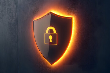Minimalist glowing shield with a lock icon, symbolizing security and protection, online privacy for warm toned designs, digital safety campaigns, or tech product ads