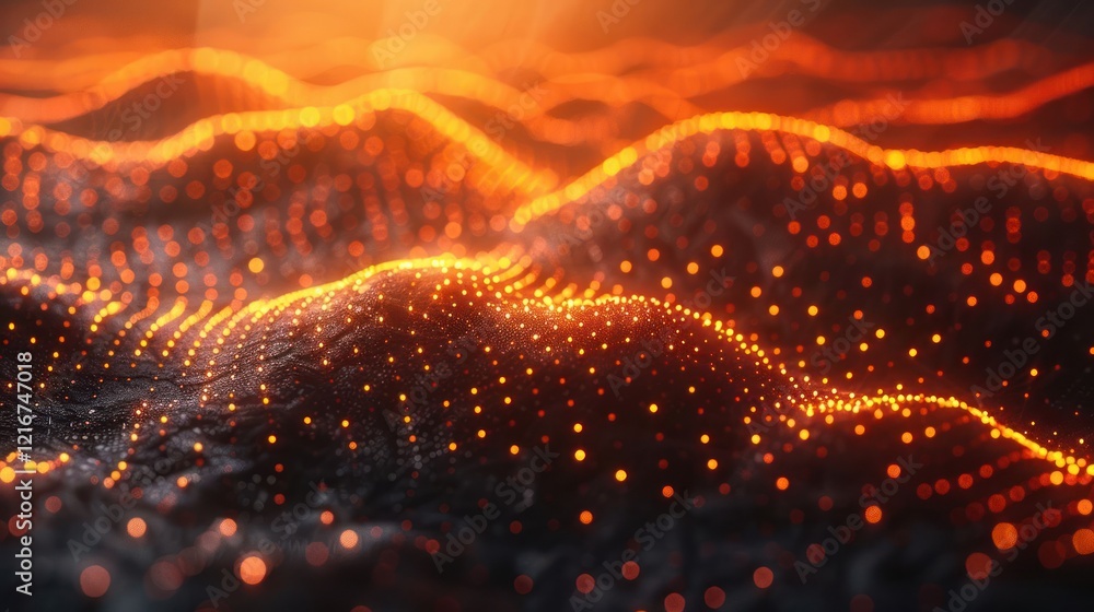 Poster abstract visualization of glowing wave patterns with vibrant orange lights against a dark background