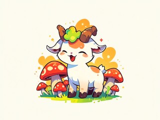 Adorable Happy Goat in Mushroom Meadow: A Whimsical Digital Art