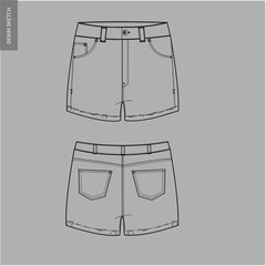 Men's denim trouser pants front and back view flat sketch fashion illustration, five pockets rip denim pants vector template.