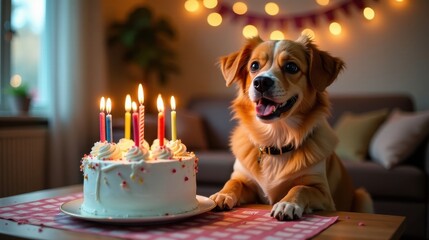 A furry friend's joyous birthday celebration, featuring a delicious cake with lit candles, a heartwarming scene of canine companionship and festive cheer