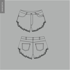 Men's denim trouser pants front and back view flat sketch fashion illustration, five pockets rip denim pants vector template.