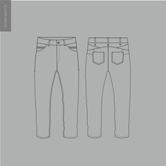Men's denim trouser pants front and back view flat sketch fashion illustration, five pockets rip denim pants vector template.