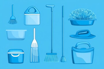 Cleaning set for different surfaces in kitchen, bathroom and other rooms. Empty place for text or logo on blue background. Cleaning service concept. Early spring regular clean up, Generative AI