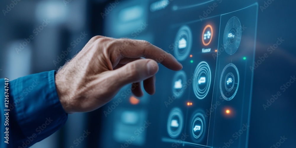 Poster Dynamic Smart City Management Interactive Touchscreen Interface with Digital Icons and Blue Glare - Enhancing Urban Efficiency with Real-Time Analytics in Tech Innovation