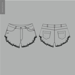 Men's denim trouser pants front and back view flat sketch fashion illustration, five pockets rip denim pants vector template.