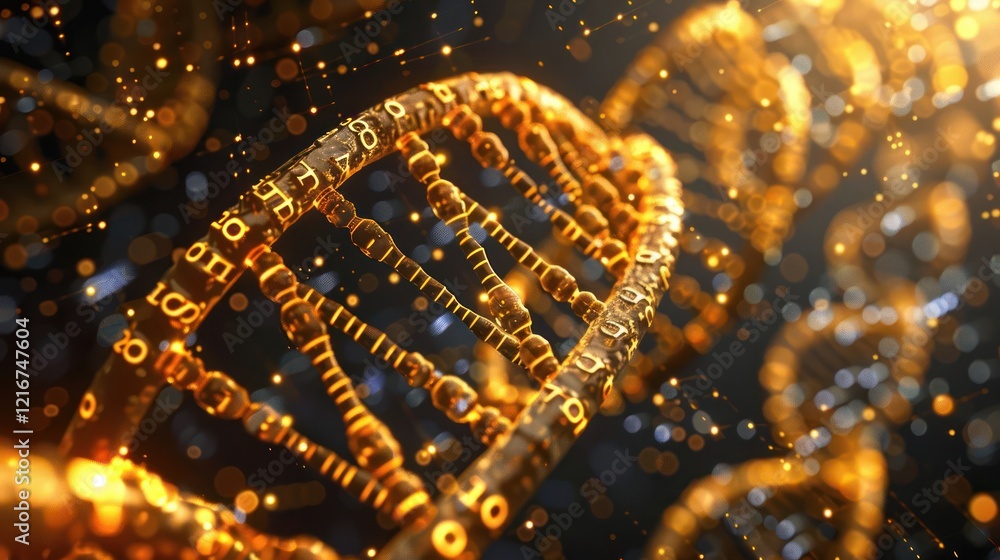 Poster intricate close-up of a glowing dna helix with shimmering particles in a dark background