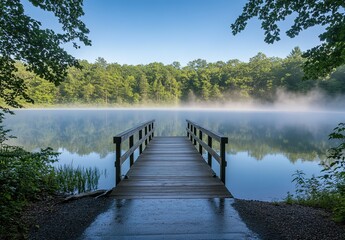 A long wooden dock leads into the blue waters of an idyllic lake, surrounded by a dense green forest.