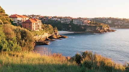 Naklejka premium Coastal houses, cliffs, beach, and ocean at sunset.