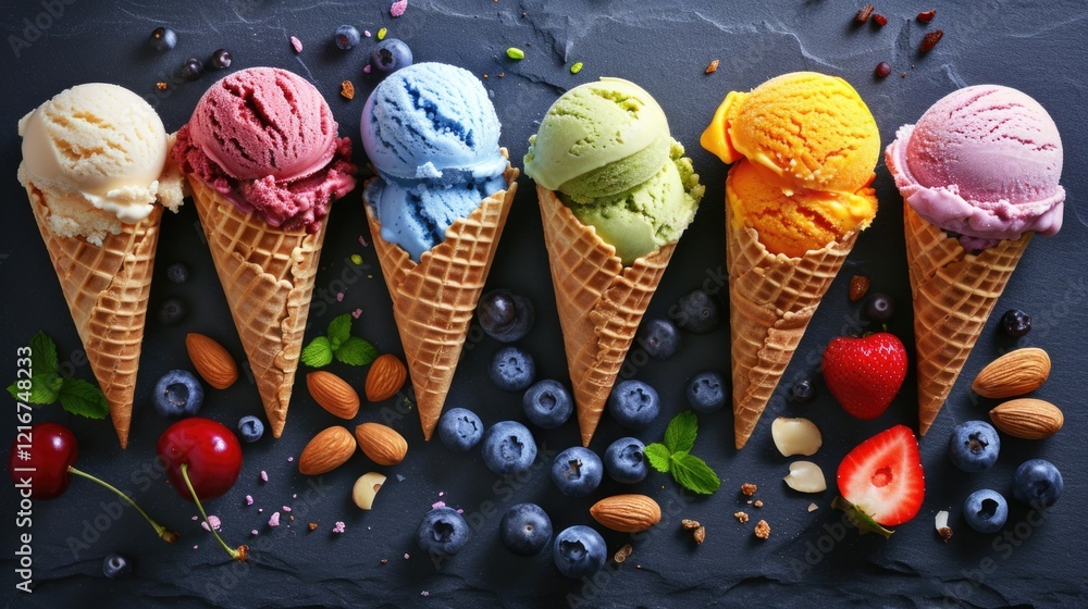 Aufkleber a row of ice cream cones with different flavors and toppings. the cones are arranged in a way that t