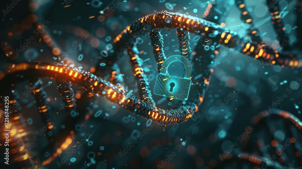 Poster abstract representation of dna strands intertwined with a padlock symbolizing genetic security
