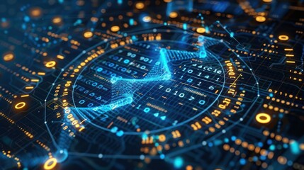 Abstract digital technology background with glowing circuits and binary code patterns