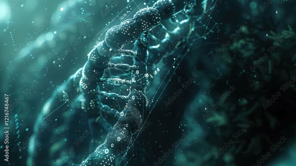 Poster close-up view of a dna double helix structure with glowing particles in a dark environment