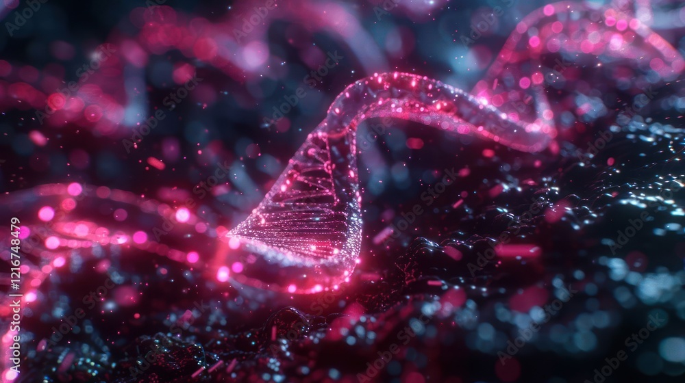 Poster abstract representation of dna structure with glowing particles on a dark background