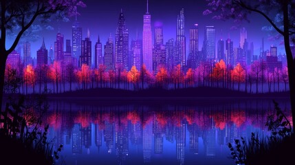 Neon-lit futuristic cityscape reflected in a tranquil, tree-lined lake at night