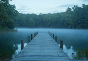A long wooden dock leads into the blue waters of an idyllic lake, surrounded by a dense green forest.