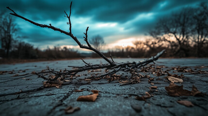 Broken tree branch on cracked pavement surrounded by scattered leaves and debris, depicting aftermath of strong winds and stormy weather, environmental damage concept.