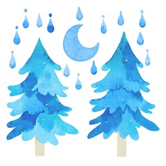 Obraz premium Watercolor Painting of Two Blue Pine Trees Under a Crescent Moon with Raindrops