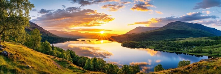 Sunset Over Mountain Lake - Serene sunset over a calm mountain lake, reflecting the golden light. Lush green hills and trees surround the tranquil water.