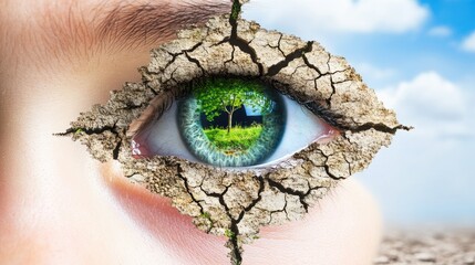 A Vision of Environmental Change A Cracked Eye Reflecting a Parched Landscape and a Green Oasis
