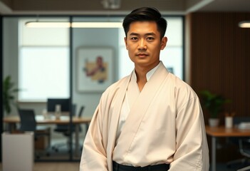 Obraz premium Portrait of a man in traditional clothes in a modern office