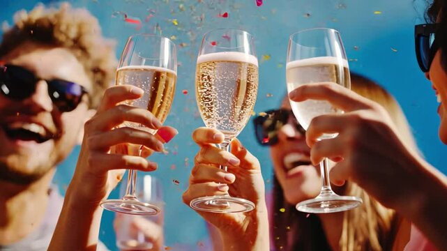 Friends celebrating a milestone birthday, raising glasses with confetti falling and a joyful atmosphere.