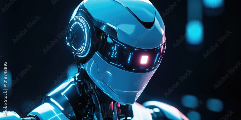 Aufkleber a robot with a blue face and red eyes. the robot is wearing a white helmet. the robot is in a dark r