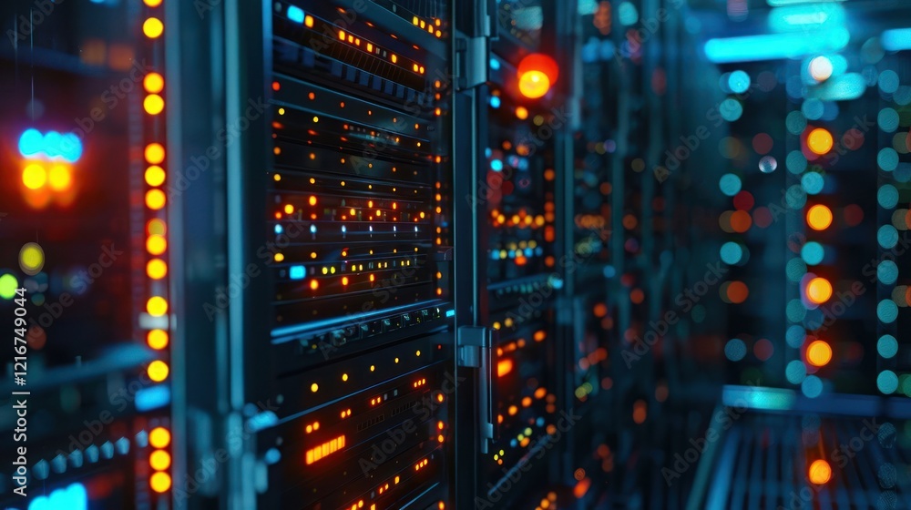 Aufkleber vibrant data center with glowing server racks and colorful led lights in action