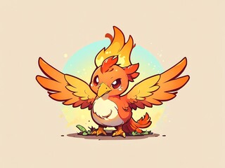 Adorable Fiery Bird Illustration:  A charming cartoon bird with fiery plumage, wings outstretched in a playful stance.