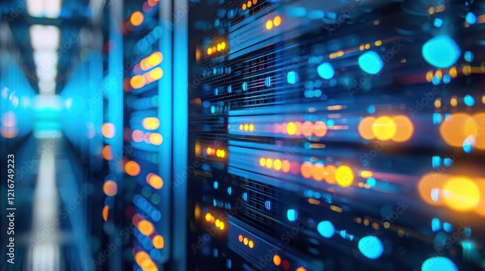 Aufkleber vibrant data center with illuminated server racks and blurred background action
