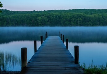Naklejka premium A long wooden dock leads into the blue waters of an idyllic lake, surrounded by a dense green forest.