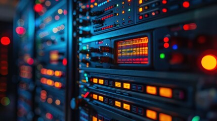 Naklejka premium Close-up view of illuminated server racks in a data center, showcasing technology in use