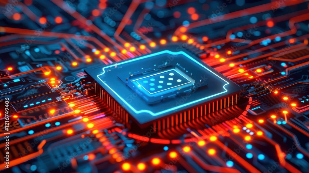 Aufkleber close-up view of a glowing microchip on a vibrant circuit board with intricate patterns
