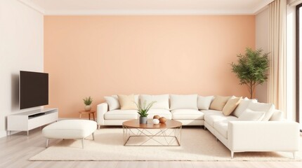3D render of a minimal luxury living room interior, Lounge in peach fuzz 2025 color palette, featuring a white sofa against a beige wall, tight close-up shot, mystic enchanting environment
