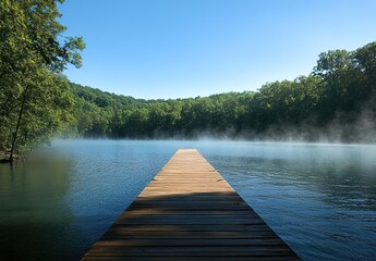 A long wooden dock leads into the blue waters of an idyllic lake, surrounded by a dense green forest.