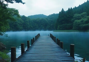 Naklejka premium A long wooden dock leads into the blue waters of an idyllic lake, surrounded by a dense green forest.