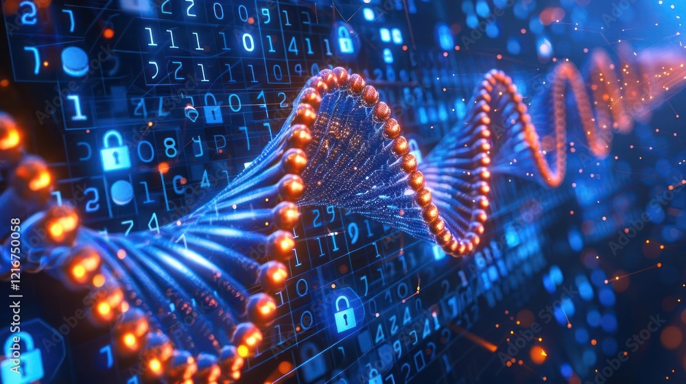 Poster abstract representation of digital data and dna strands with security elements and glowing lights