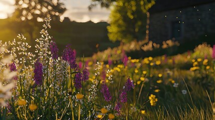 Obraz premium Sunset wildflowers meadow cottage landscape