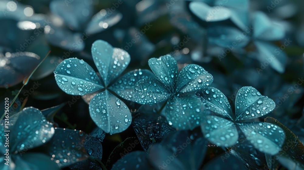 Poster a close up of a group of four blue leaves with water droplets on them. the leaves are arranged in a 