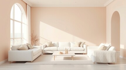 3D render of a minimal luxury living room interior, Lounge in peach fuzz 2025 color palette, featuring a white sofa against a beige wall, tight close-up shot, mystic enchanting environment