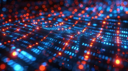 Obraz premium Abstract digital background with glowing red and blue data points creating a vibrant matrix effect
