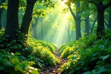 Fototapeta premium Dense foliage with sunlight filtering through, vegetation, nature