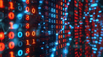 Obraz premium Abstract visualization of binary code and digital data streams with glowing lights in a tech environment
